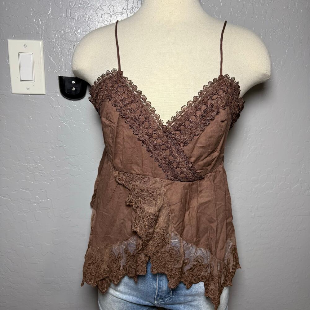 Abercrombie and Fitch Babydoll Lace-Trim Cami, Brown, L